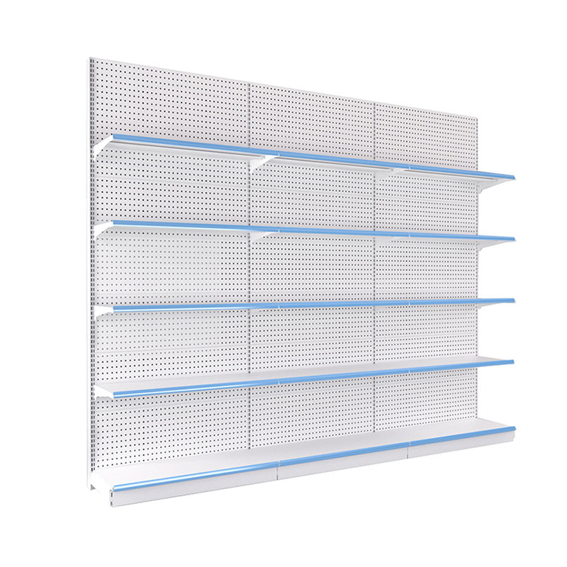 Supermarket shelves display grocery storage racks