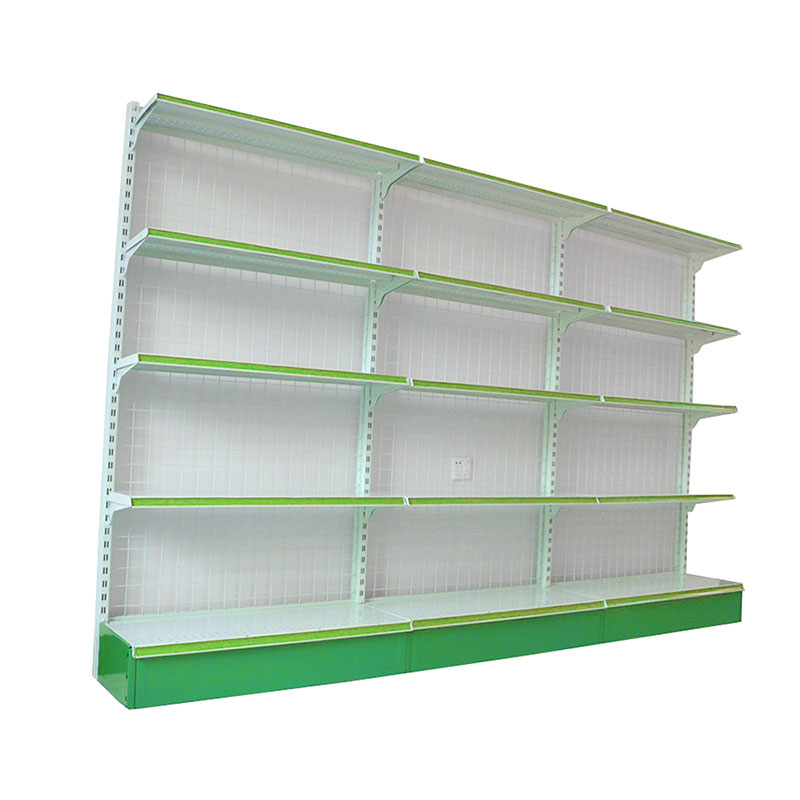 Supermarket shelves display grocery storage racks