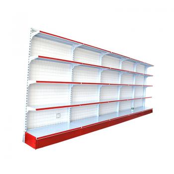Supermarket shelves display grocery storage racks